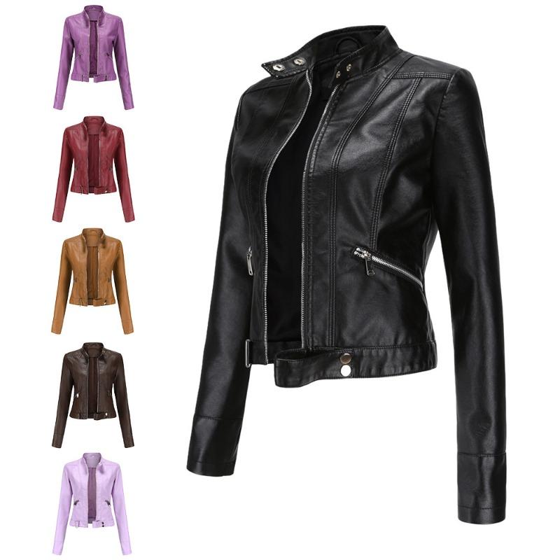 New Leather Jacket Women's Short Coat Spring and Autumn Stand-up Collar Women's Leather Jacket Women's Thin Leather Coat