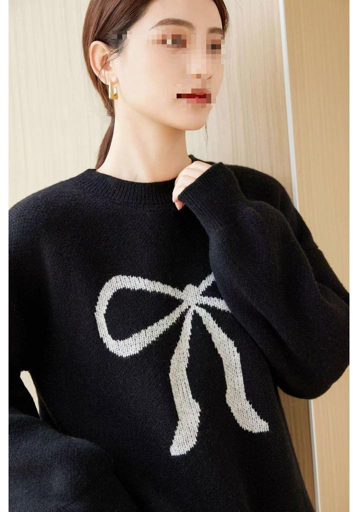 2026 Autumn/Winter Women's Loose Bow Jacquard Knitwear - European & American Style