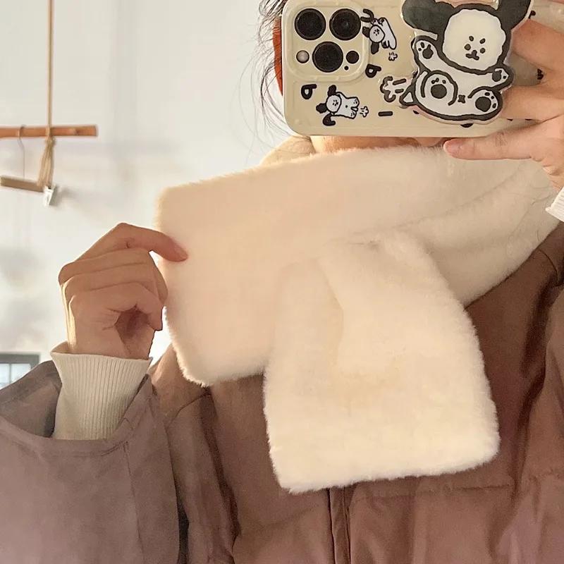 Cross Plush Scarf Winter Women Girls Solid Color Warm Faux Rabbit Fur Scarf Sweet Simple Comfortable Scarf Fashion Accessories