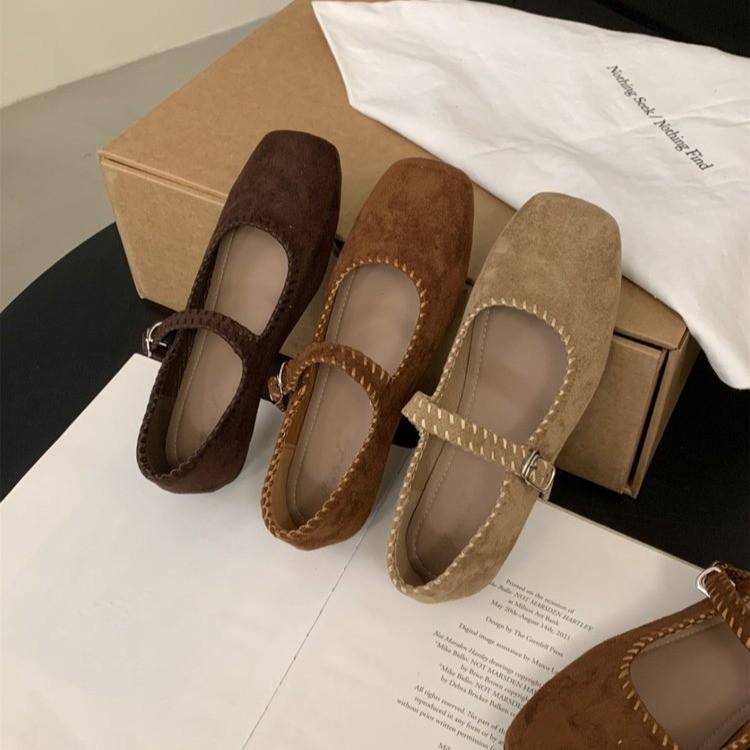 French Suede Ballet Flats Women's 2025 Spring and Autumn New Retro Square Head Casual Flat Mary Jane Single Shoes