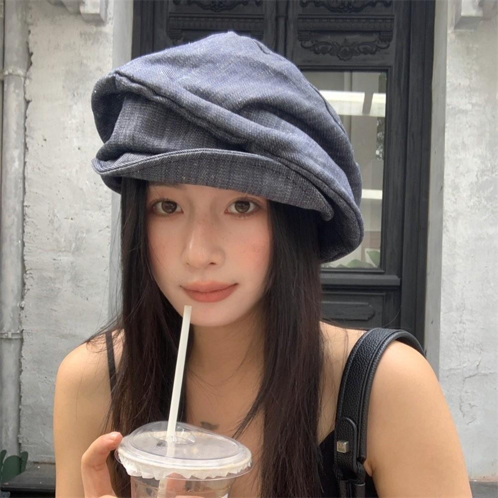 Japanese Octagonal Cap Cloth Pleated Painter Hat Fashion Denim Beret  Women