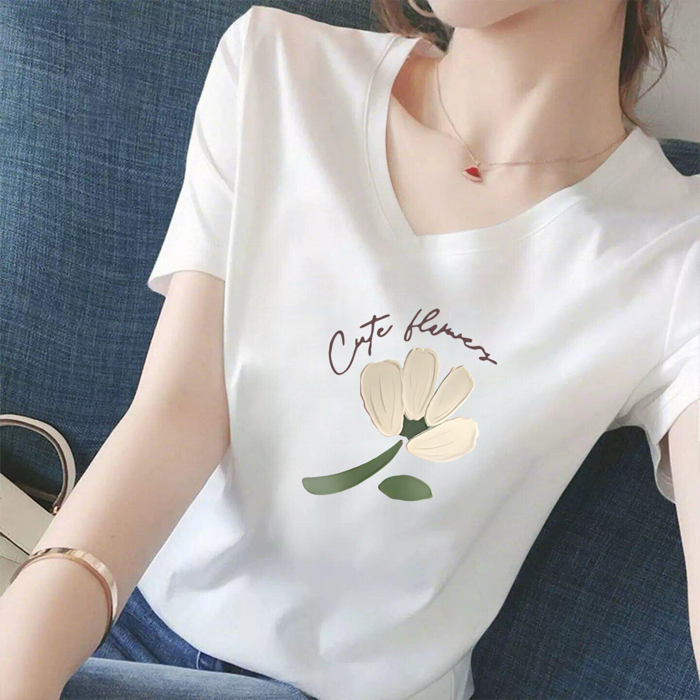 Women s White Floral Short-Sleeve T-Shirt - Casual, Stylish, Summer Versatile Extra Large