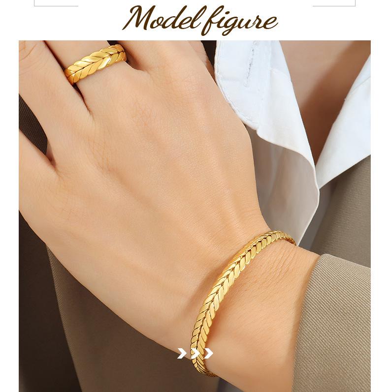 European & American Geometric Adjustable Wheat Ear Bangle and Ring Set for Women – Titanium Steel Jewelry
