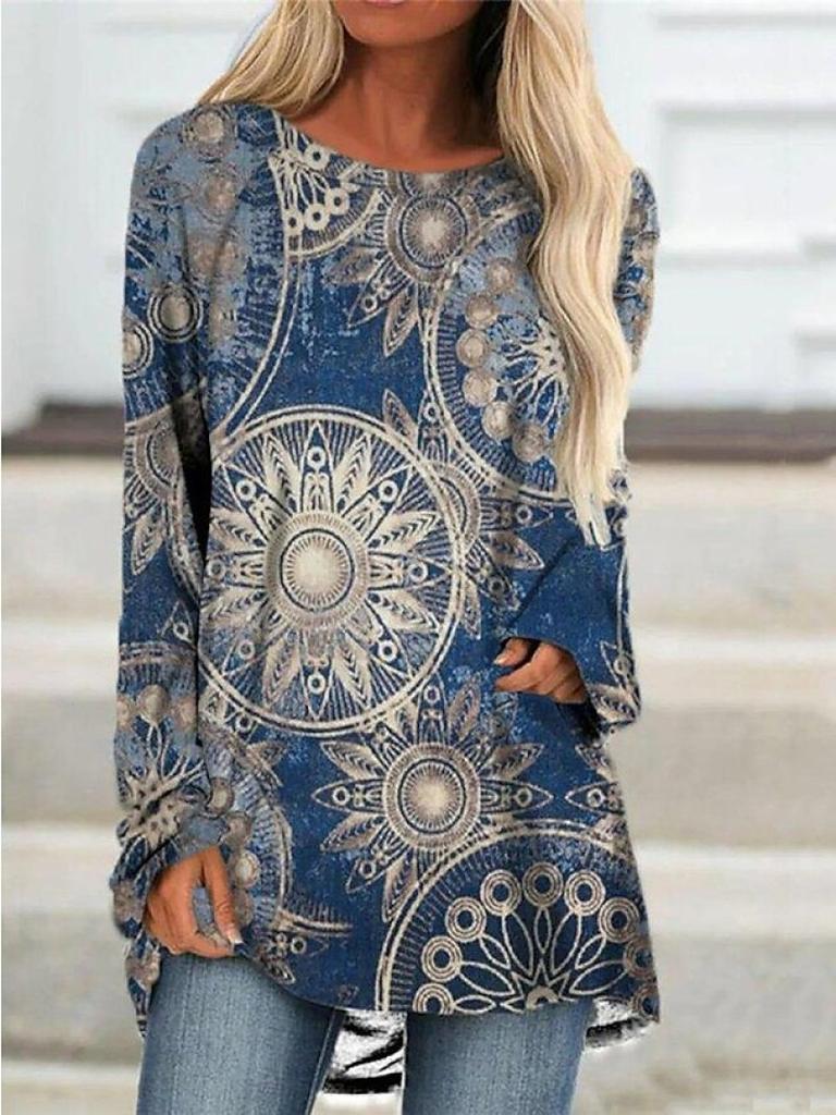 2023 Elegant Tops Ladies Round Neck Long Sleeve Street Fashion Casual T-shirt Autumn Winter New Design Printing Vintage Pullover