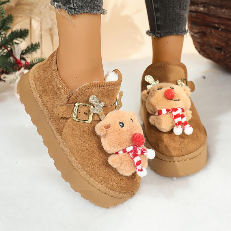 Fashion Cute Cartoon Reindeer Thick Bottom Snow Boots Women 2025 Winter Warm Short Plush Chunky Platform Ankle Boots Christmas Shoes 43