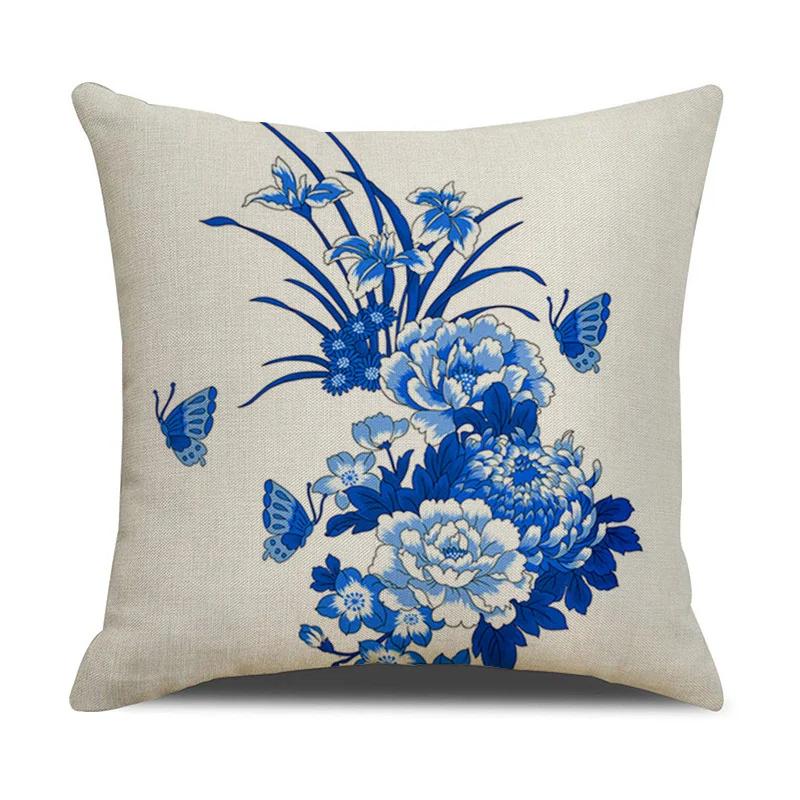 Chinese retro style blue and white ceramic printed fabric linen cotton throw pillow wrapped sofa home decoration pillow