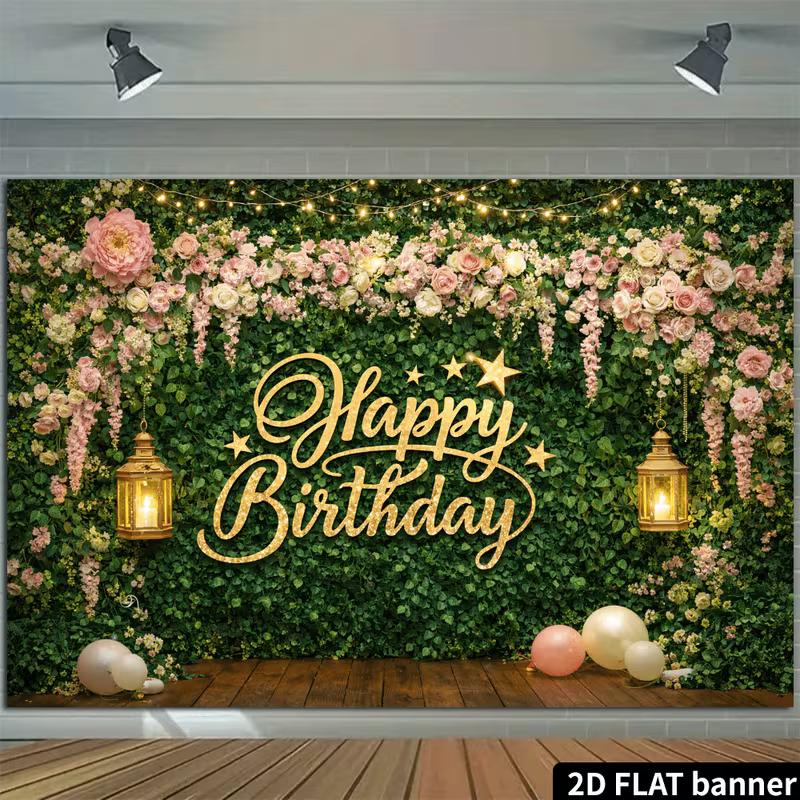 2D Pink Flower Green Leaf Happy Birthday Backdrop Party Decoration Banner