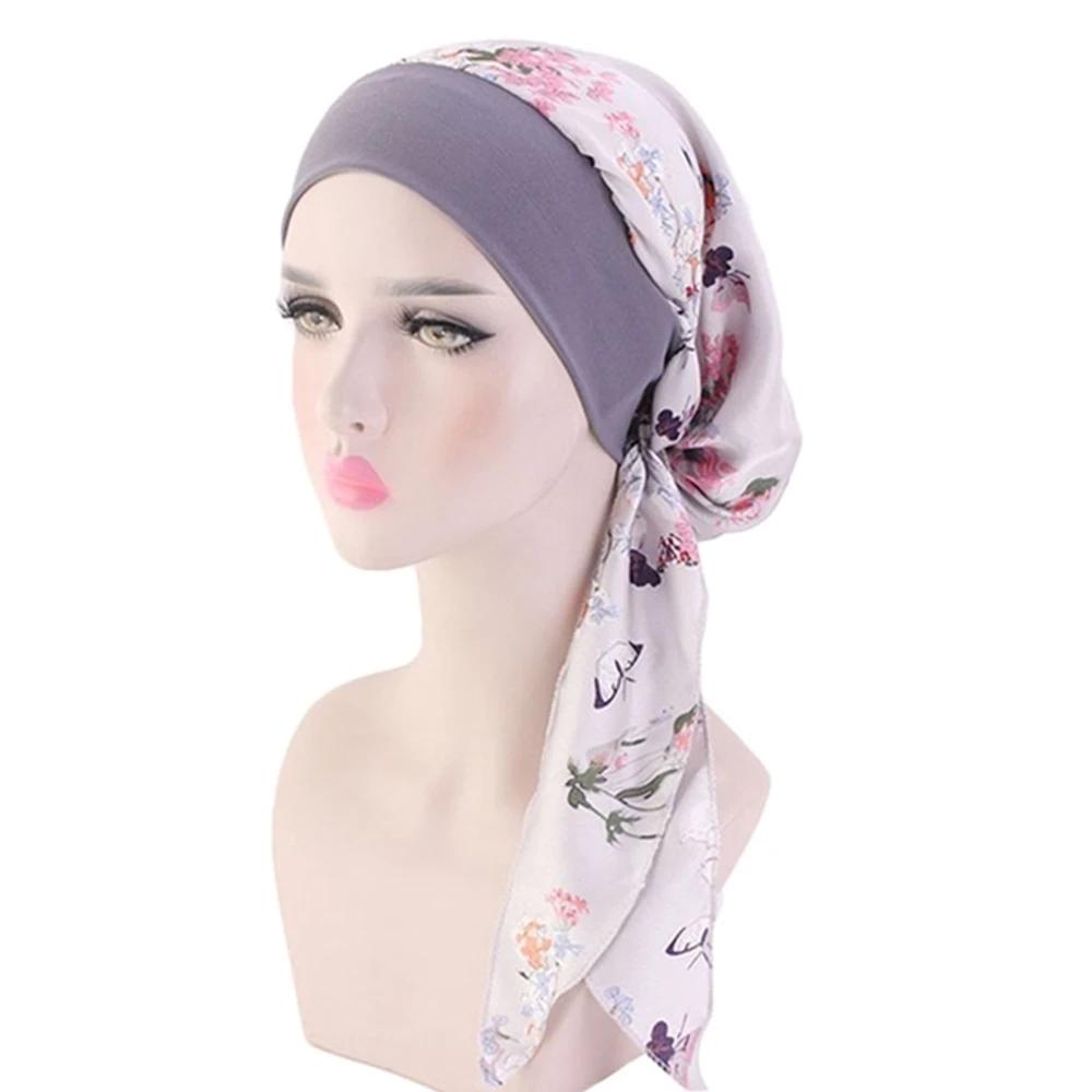 Horké dámské muslimské turbanové hidžábové klobouky na chemoterapii proti rakovině, čepice s květinovým potiskem, kryt na ztrátu vlasů, šátek na hlavu, elastický bandánový wrap, předvázané pokrývky hlavy