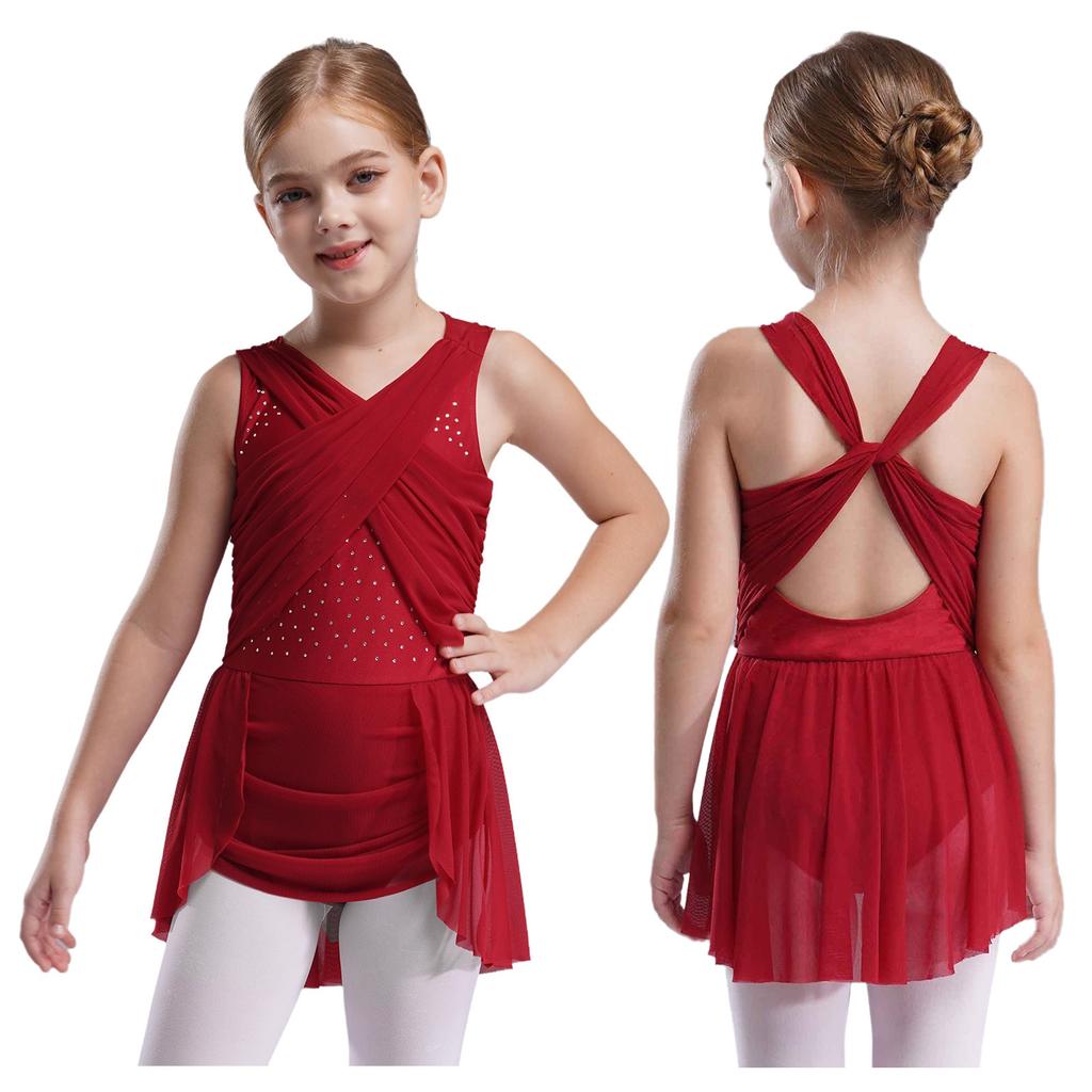 Girls Figure Skating Dress, Lyrical Dance Costume with Mesh Overlay, Cutout Back, Shiny Rhinestones & Irregular Hem