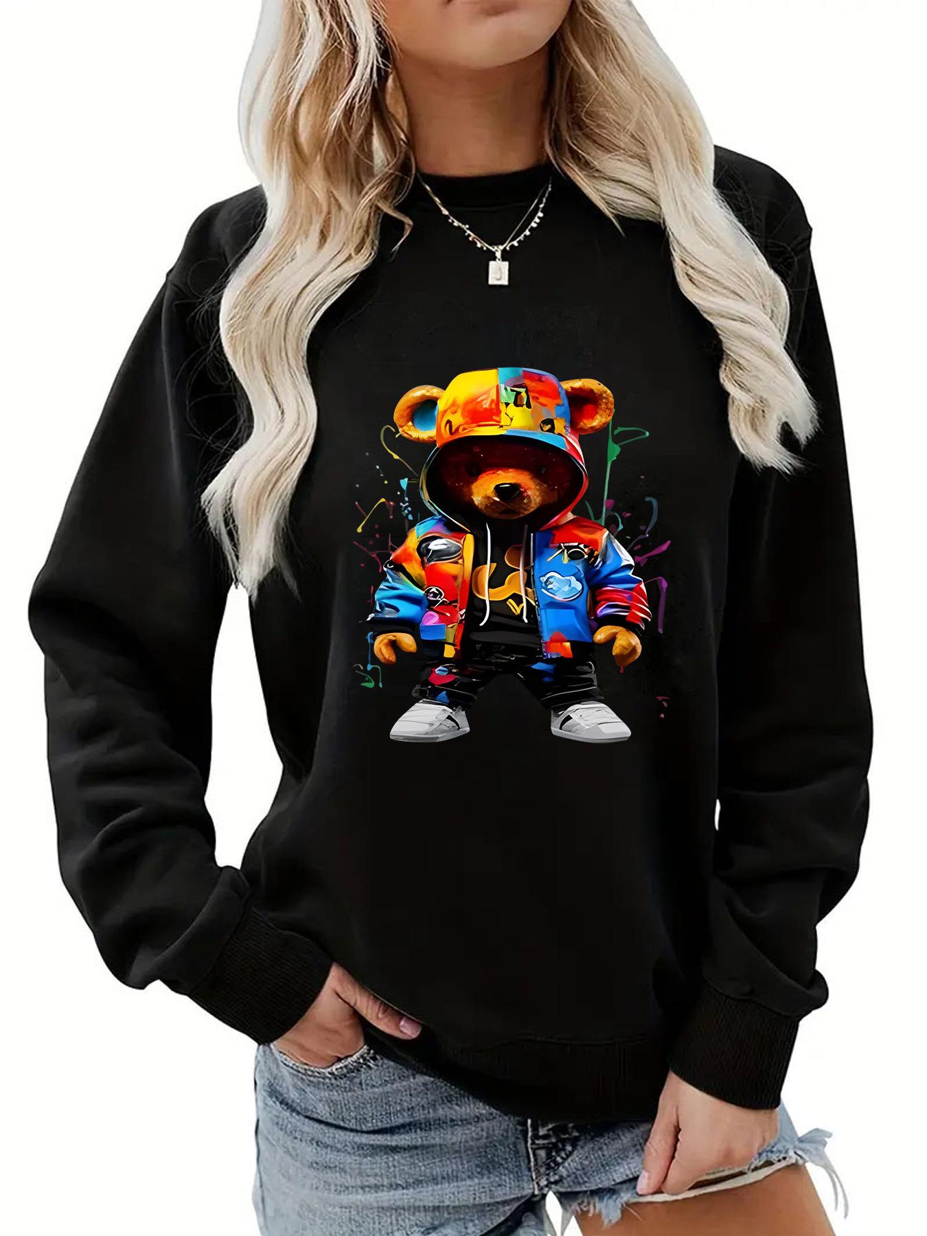 2025 popular women s clothing back bag collar fleece sweater round neck cartoon bear S