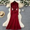 Xiaoxiangfeng High-end Fashion Doll Collar Long-sleeved Metal Buckle Waist Knitted Dress Women's Autumn Slim Dress