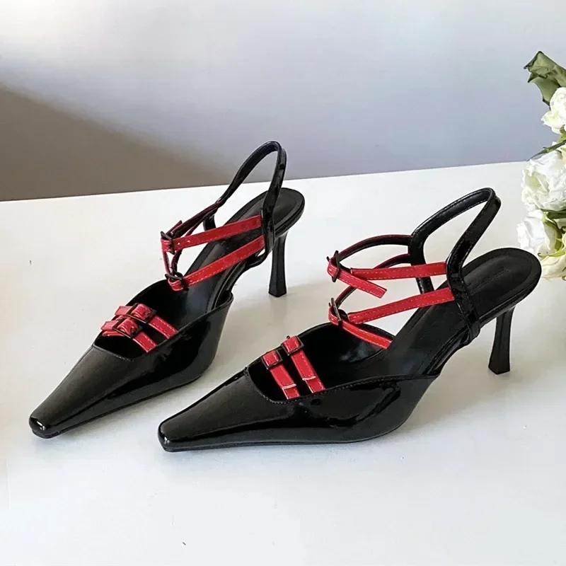 Novelty Straps Buckle Designer Thin High Heels Women Sexy Pointed Toe Heeled Sandals Patent Leather Women Pumps Wedding Shoes