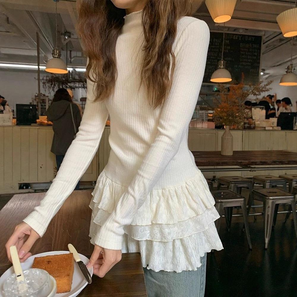 Women s White Lace High Neck Slim Fit Long Sleeve Top with Ruffled Hem S белый