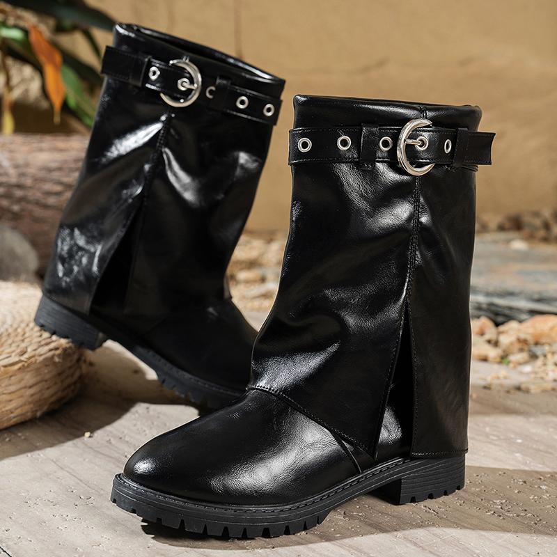 Belt Buckle Wide Leg Mid Calf Boots Women Plus Size 42 Med Heel Pu Leather Boots Woman Slip On Straight Fashion Botas Mujer