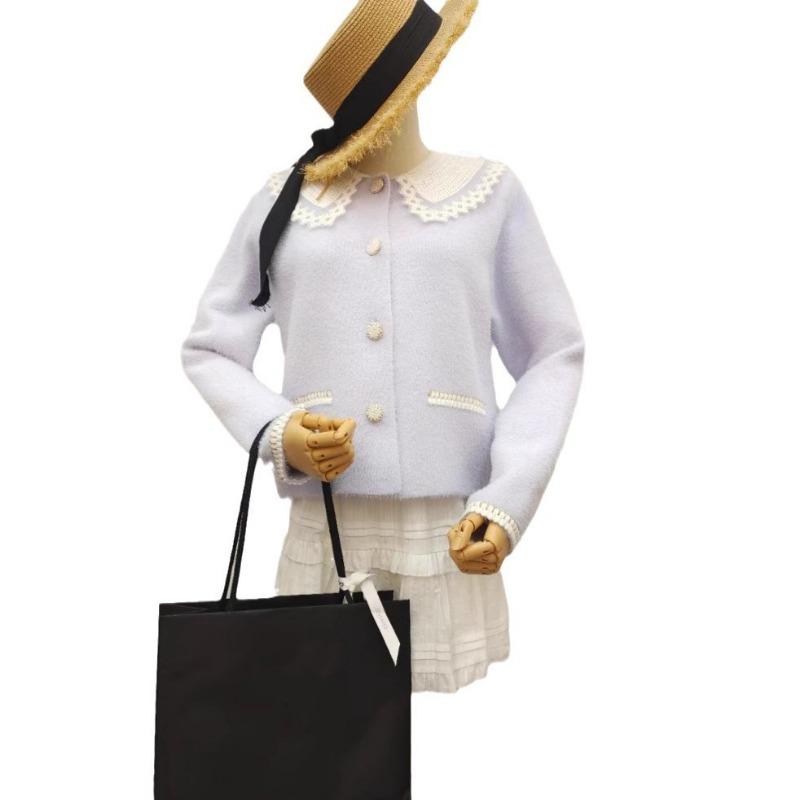 Imitation mink fleece sweater jacket autumn and winter new splicing lace doll collar knitted cardigan women