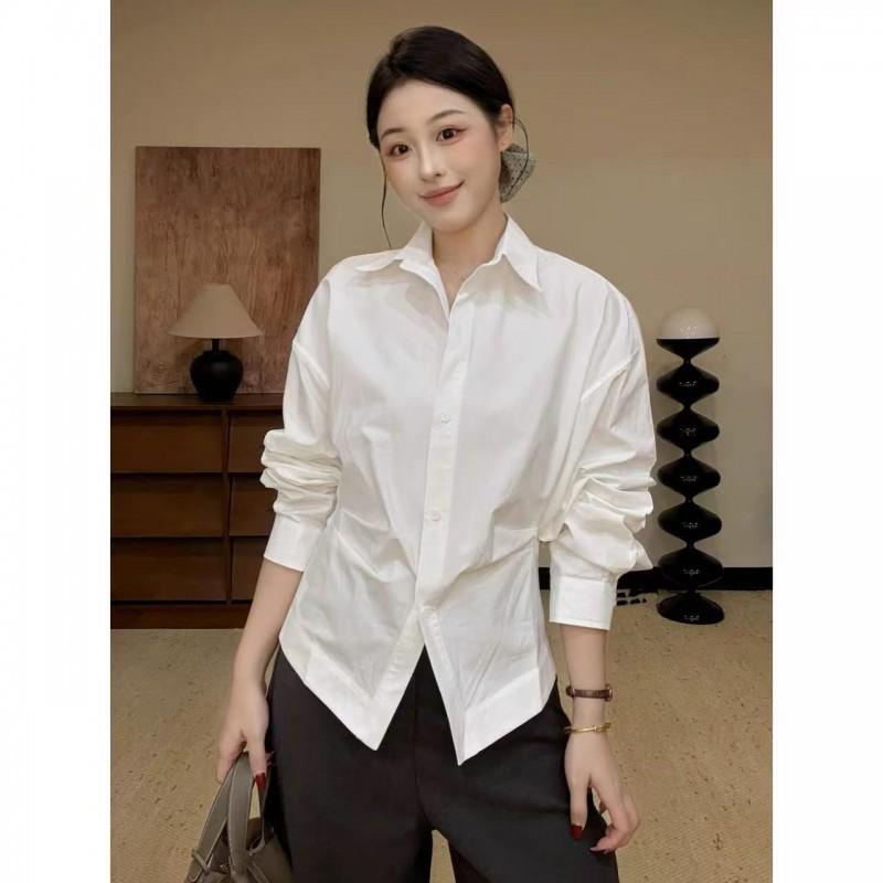 Womens Cotton Wrinkle Detail Relaxed Fit Shirt With Pointed Collar Loose Long Sleeve Top 2026
