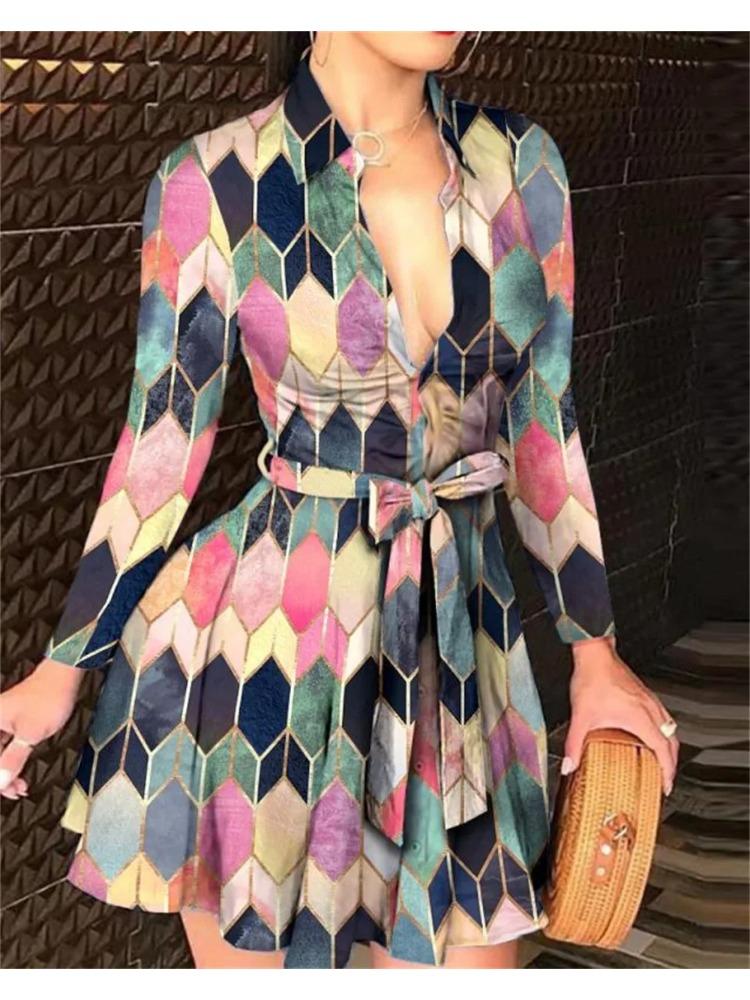 Summer New Women's Long Sleeve V-Neck Tied Fashionable Sexy Printed Dress