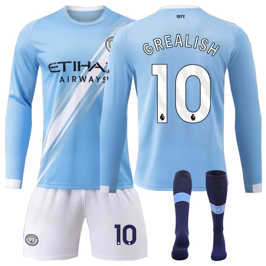 Set Maglia a Maniche Lunghe da Casa per Bambini del Manchester City: Haaland #9, Foden #47, Mahrez #7.