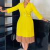 Women Fashion Pleated Dresses 2026 New Notched Collar Long Sleeve Mid Calf Belt Plus Size Dress