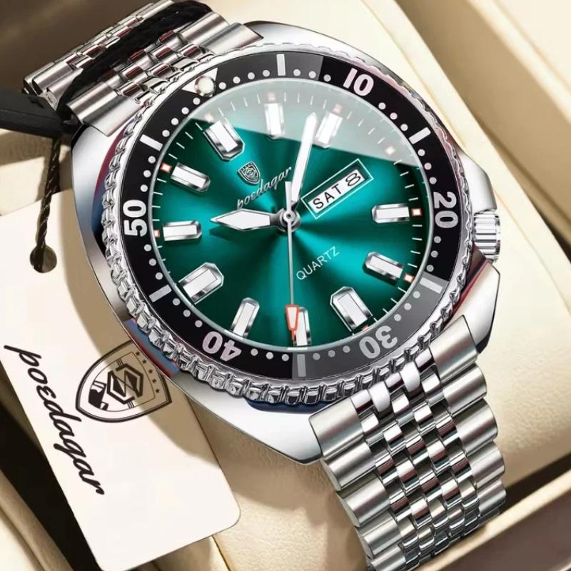 POEDAGAR Lüks Marka Erkek Saat Tarih Hafta Moda Kuvars Kol Saati Parlak Su Geçirmez Paslanmaz Çelik Saatler Reloj
