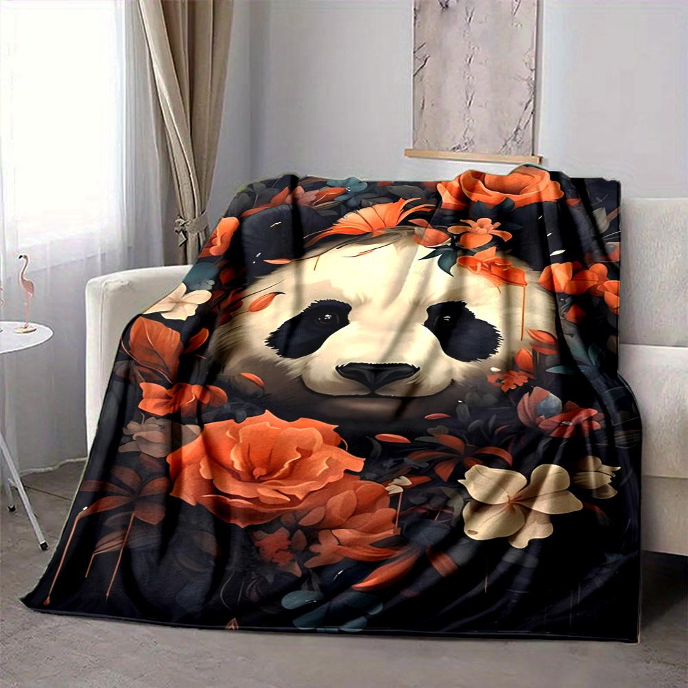 1pc Panda Floral Print Blanket - Lightweight Flannel Fleece with Digital Printing, Soft Warm for Sofa, Travel, Camping, Office yy251018272
