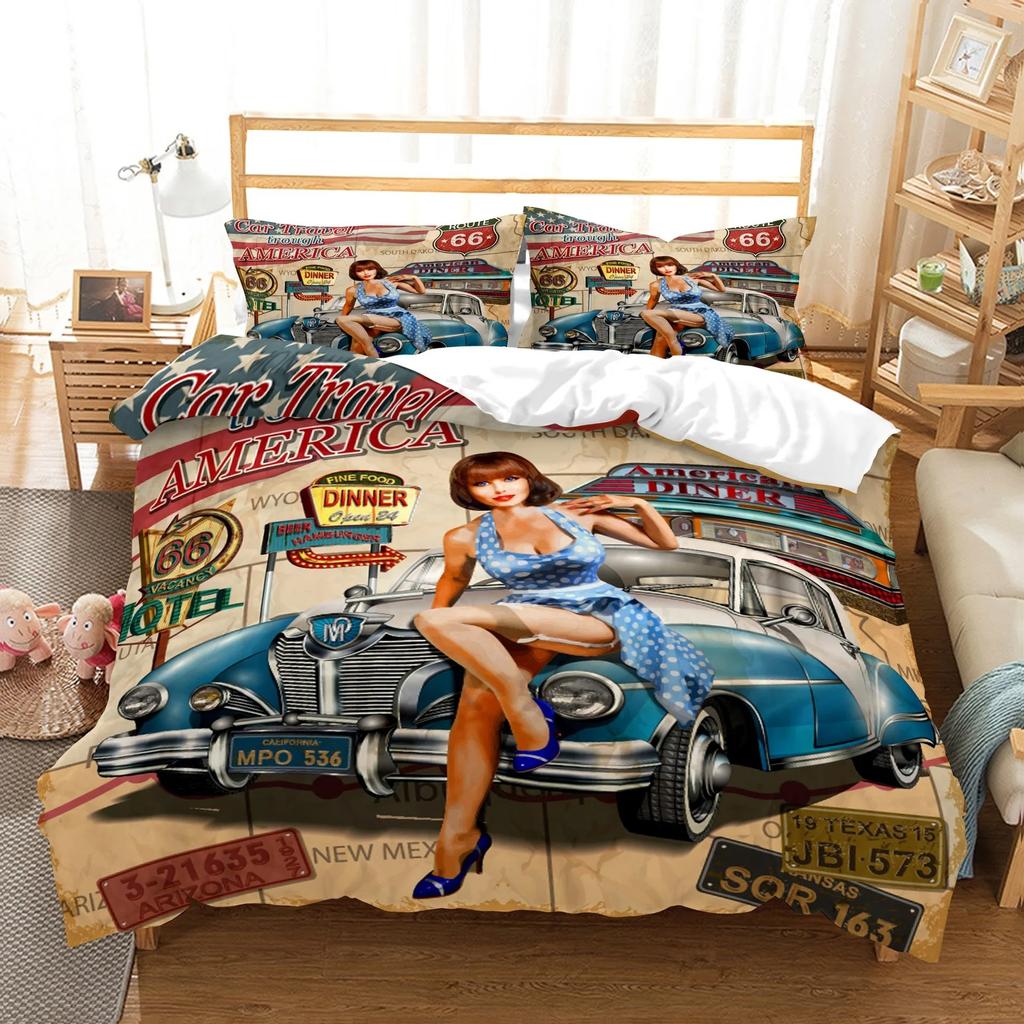 New York Statue Of Liberty Duvet Cover Kingqueen Size Retro Car Nostalgic 50S BeddingVintage Car Polyester Quilt Cover For Men