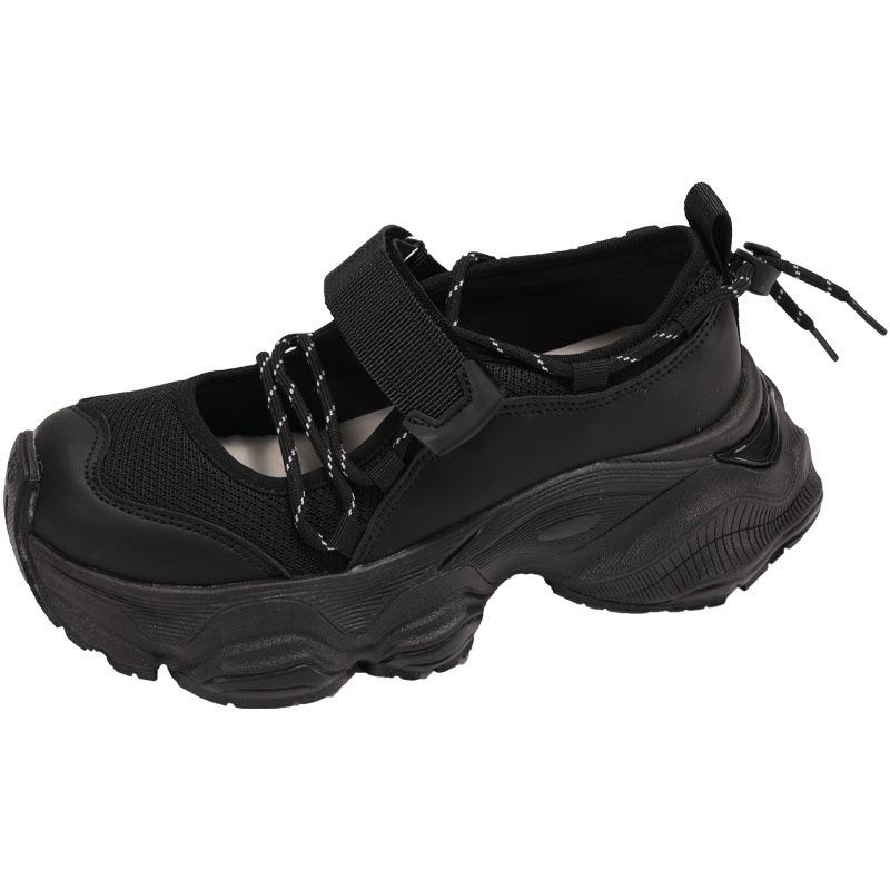 

Срібні хай-енд кросівки на товстій підошві для жінок 2025 літо нові порожнисті дихаючі спортивні сітчасті туфлі сандалі 40 чорний