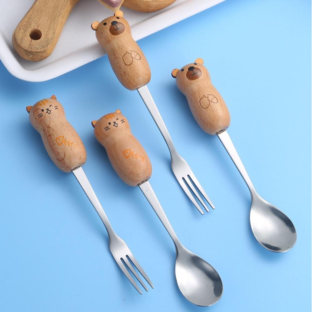 3Pcs Rustless Steel Spoon and Fork Smooth Cute Cartoon Cartoon Set Short Handle Practical Dining Utensils Meal Use