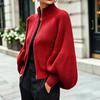 Women's Fall Winter Cropped Zip-Up Knit Cardigan with High Stand Collar, Sleeves and Fabric