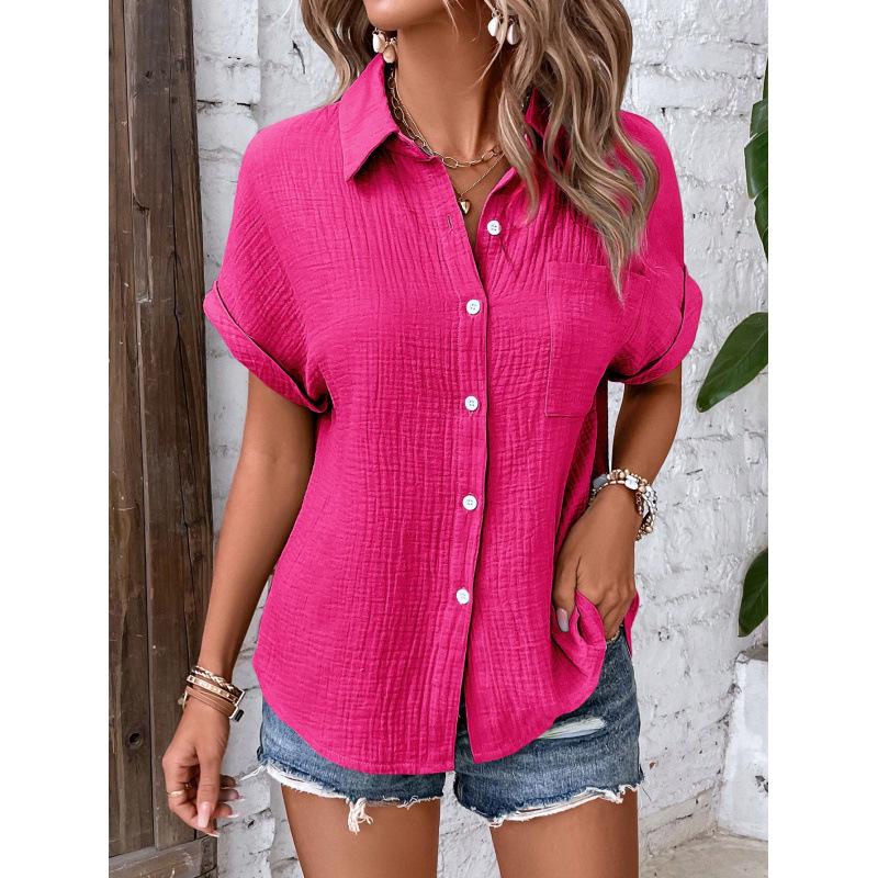 European American Women's Cotton Shirt - 2026 Summer Collection: Solid Color Casual Button-Up