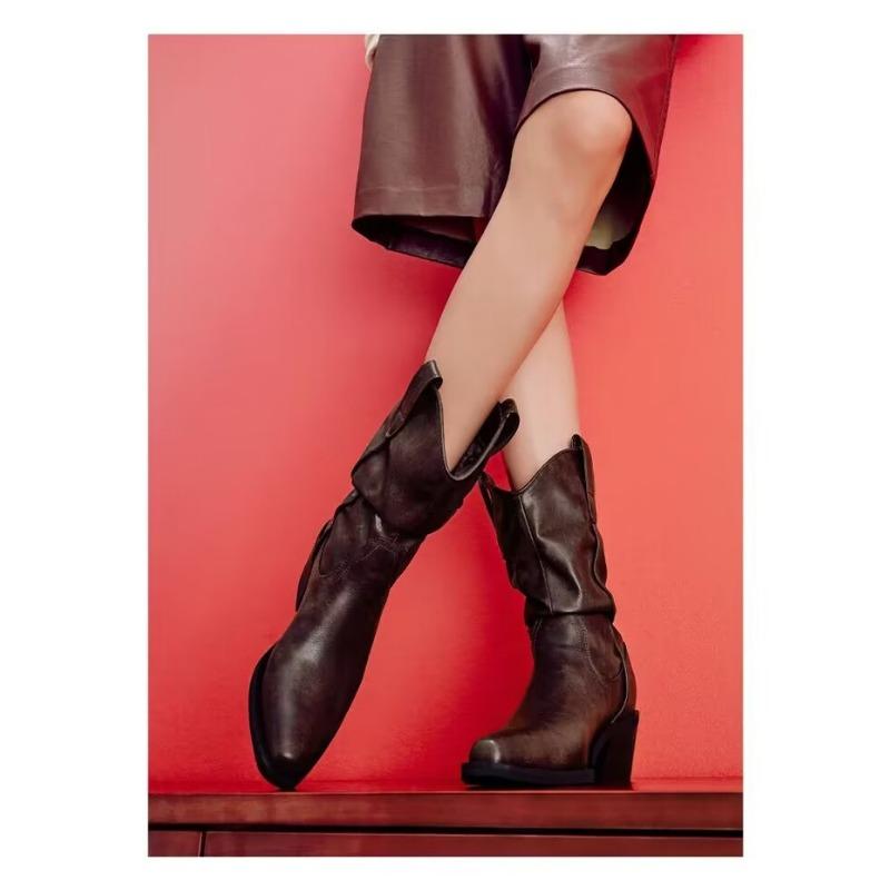Retro Pointed-toe Mid-calf Knight Boots, New Slimming Boots, Dui Dui Boots, Chunky-heeled Women's Shoes