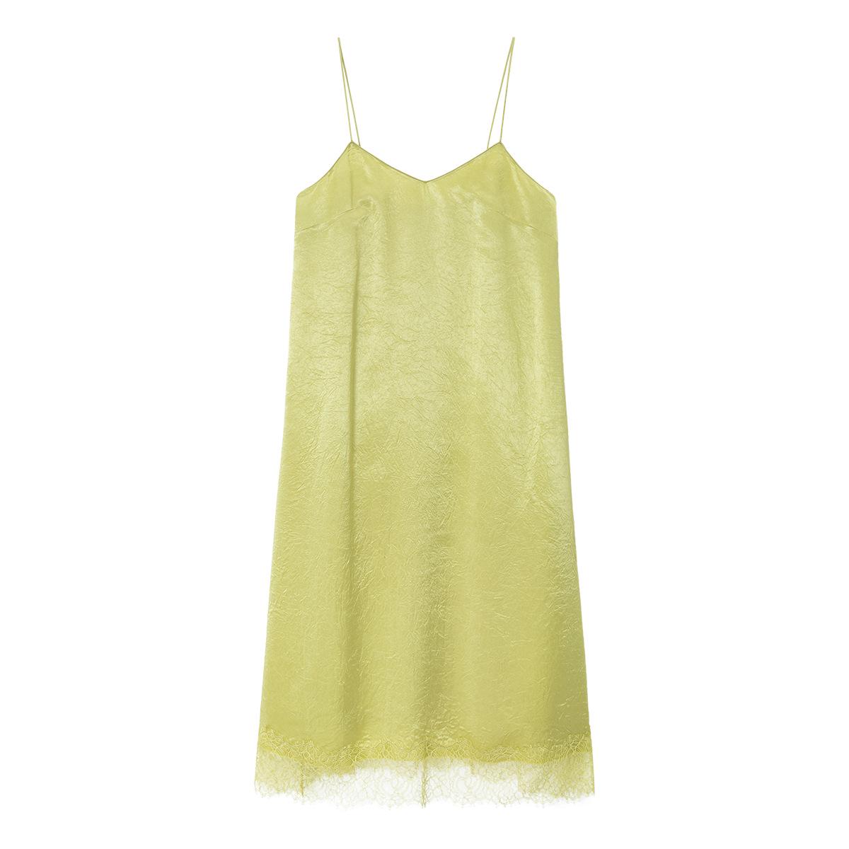 COLNE Spring Matte Satin Thin Strap V-Neck Acetate Lace Dress C6030 Small желто-зеленый