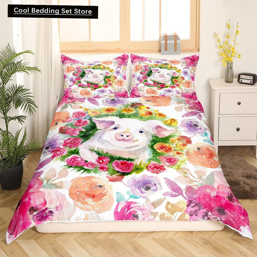 Cartoon Kawaii Pig King Queen Duvet Cover Happy Farm Animal Bedding Set Pink Piggy Quilt Cover 2/3pcs Polyester Comforter Cover