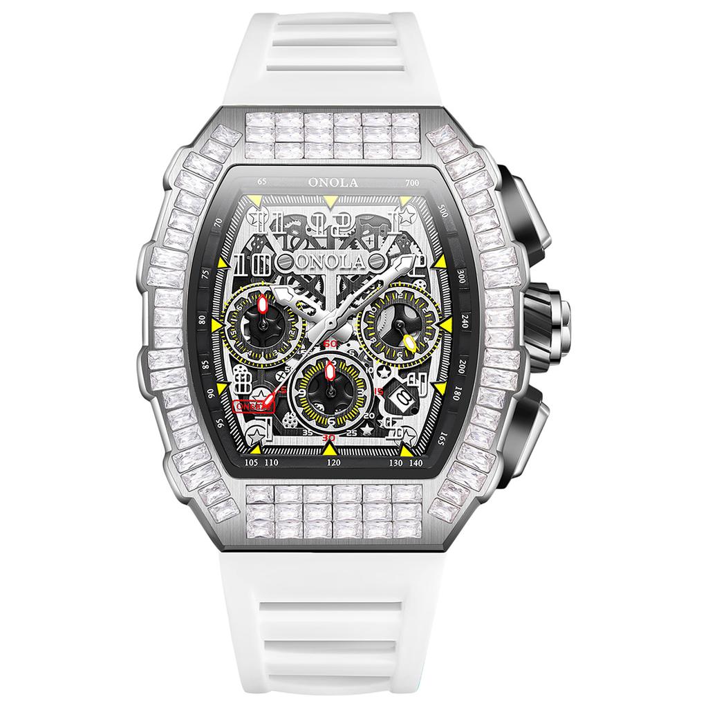 Men's Fashion Full Diamond Automatic Luminous Mechanical Watch Multi Functional Three Eye Calendar Dial Sports Watch