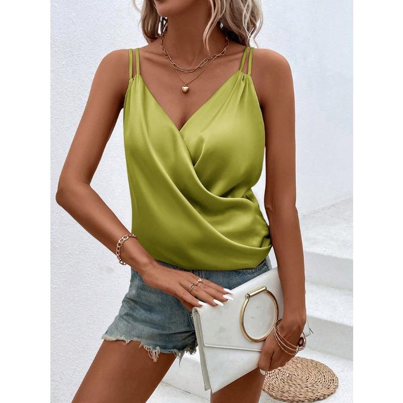 Women White Satin Double Spaghetti Strap Wrap Cowl Neck Cami Top