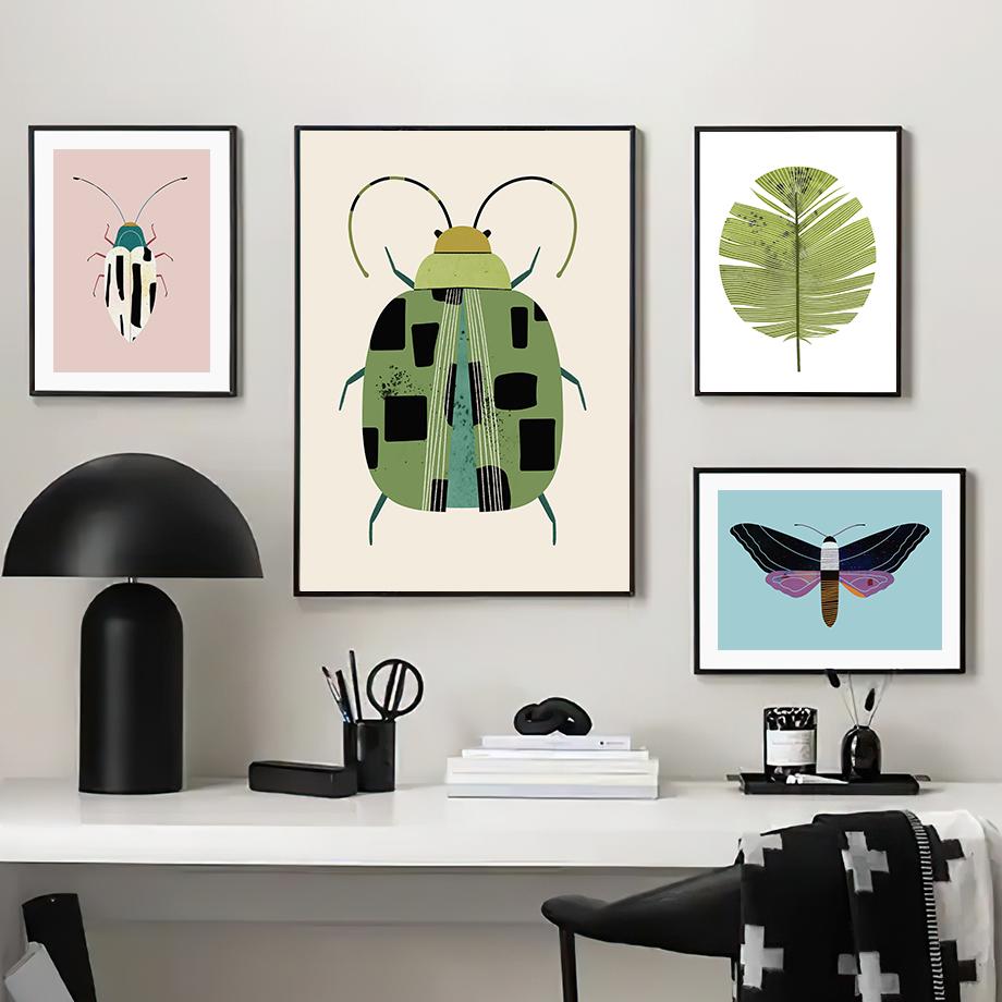 Butterfly Wall Art Ladybug Tiger Moth Beetle Feather Canvas Painting Nordic Poster Printing Wall Pictures Living Room Decoration