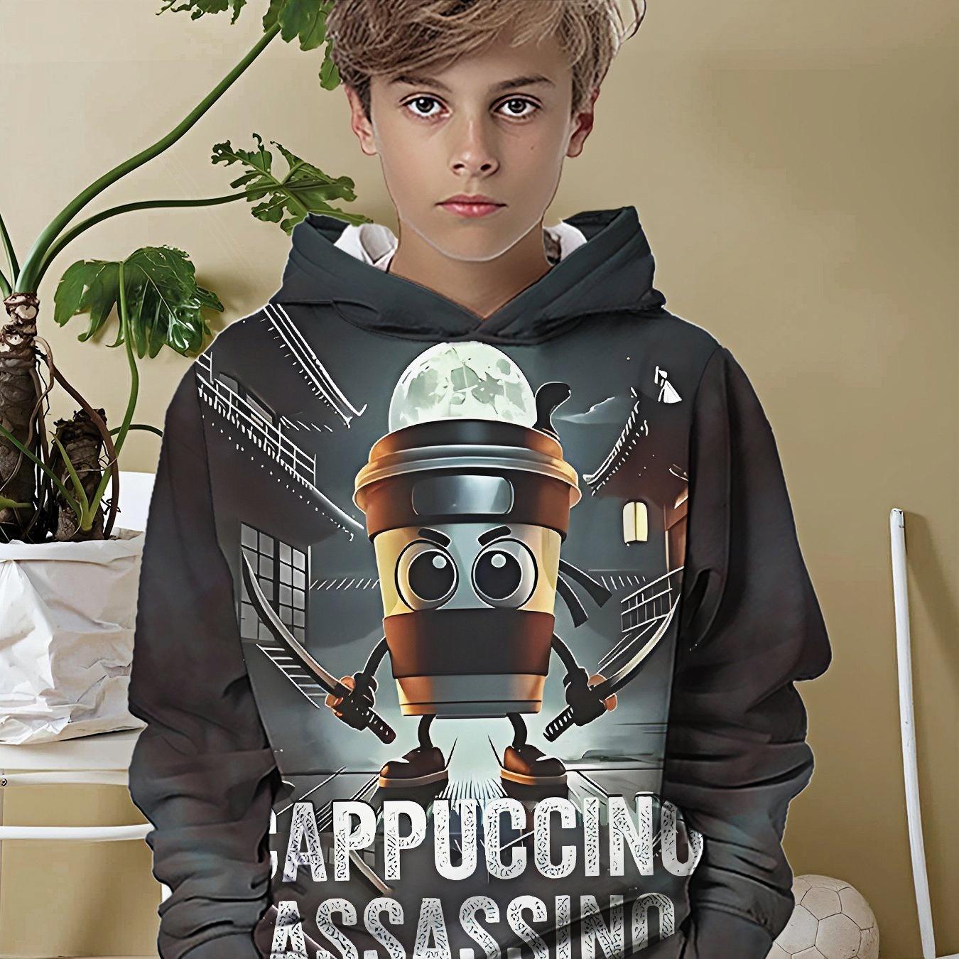 

Boys Fashion Hoodie - Cappuccino Ninja Coffee Cup Print, Oriental Mystery Atmosphere Digital Design, Long Sleeve Hoodie 13-14Y