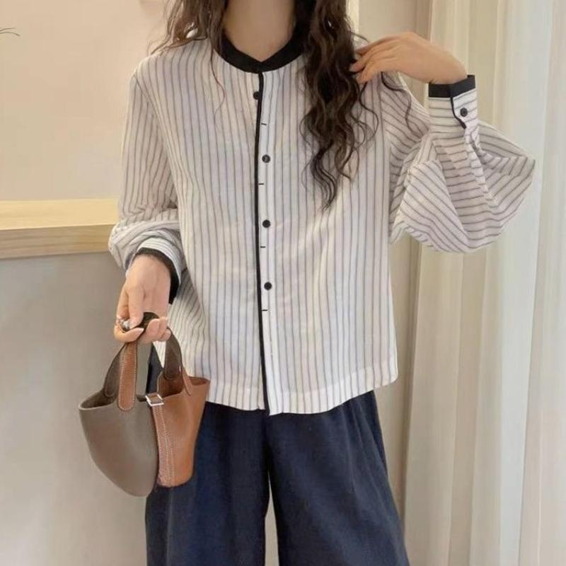 Women's Striped Shirt Ladies' Round Neck Lantern Long Sleeved Blouse Autumn New Version Korean Style Loose Versatile Casual Top