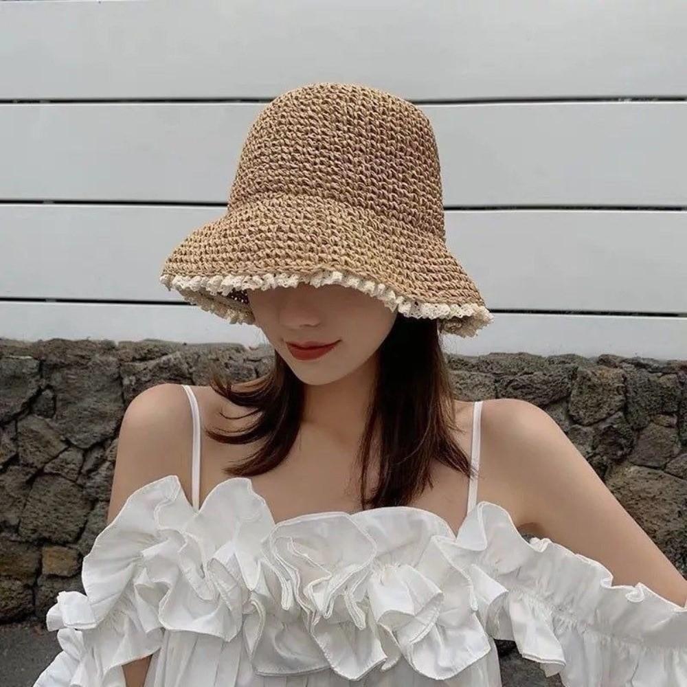 Zealous Sole Women's Beige Fashion Foldable Summer Sun Hat Hollow Sun Protection Straw Hat Lace Trim Bucket Hats Travel