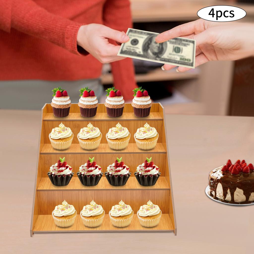 4-Pack 4-Tier Retail Display Rack, 15x14.5x10.5in Log Color - MDF Tabletop Stand for Cupcakes/Desserts/Soaps
