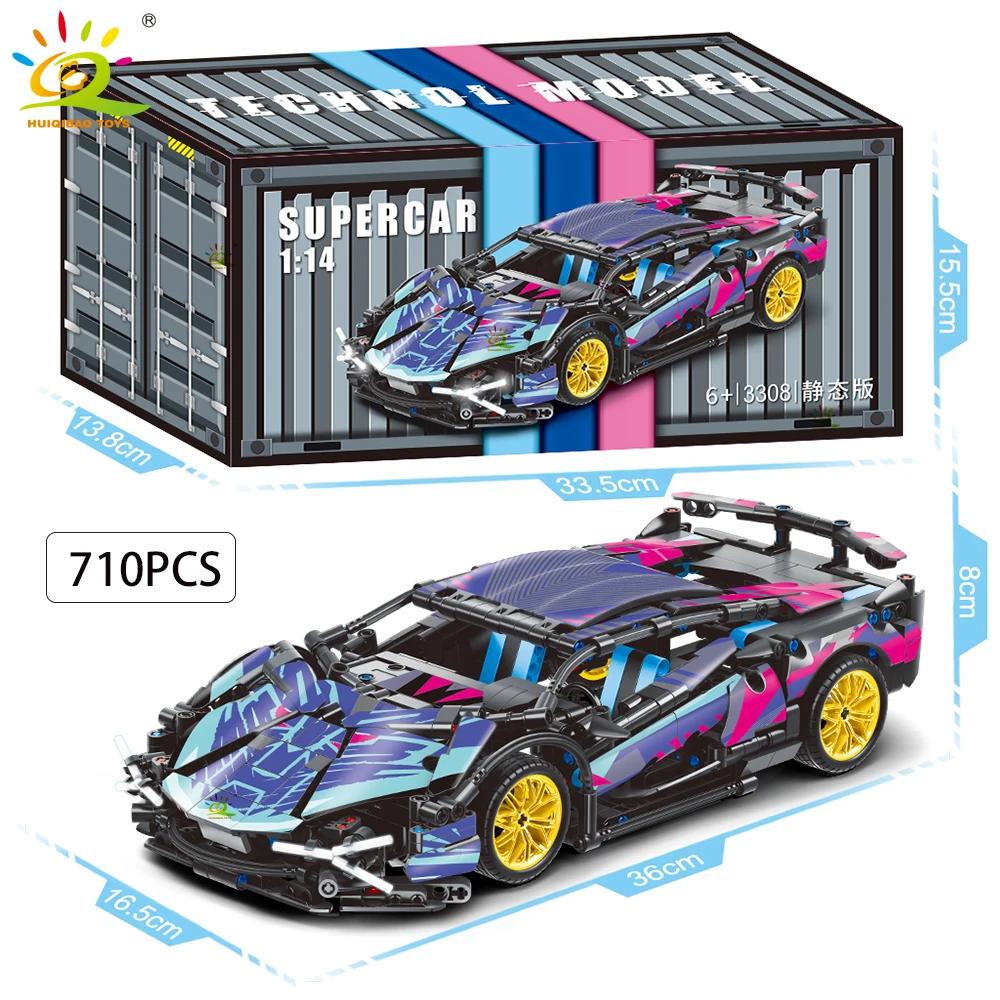 HUIQIBAO 1:14 Racerbiler Teknisk Modell Byggeklosser MOC LED-linje Klosser Utstillingsboks Barn Bykonstruksjonsleke Gutt Spill