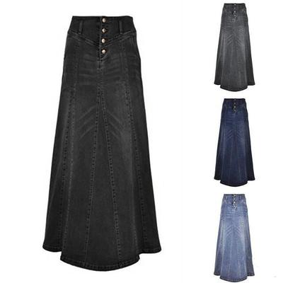 Faldas Largas de Mezclilla Vintage de Otoño para Mujer, Cintura Alta, Línea A, Lavado, Color Sólido, Bolsillos, Botones, Ropa de Calle