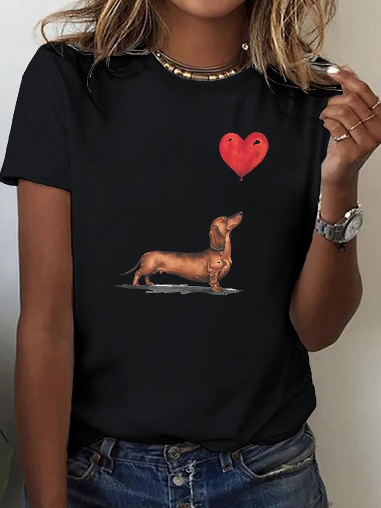 Dachshund and Heart Balloon Print Comfortable Women's T-Shirt Cute T Shirts Feminine Casualwear Y2k Top Women Clothes
