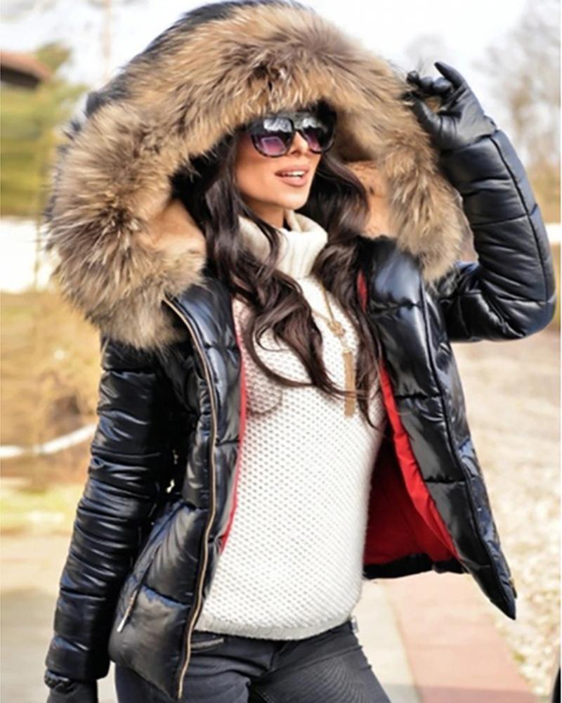 Women's Hooded Shiny Puffer Jacket with Big Fur Collar Winter Coat