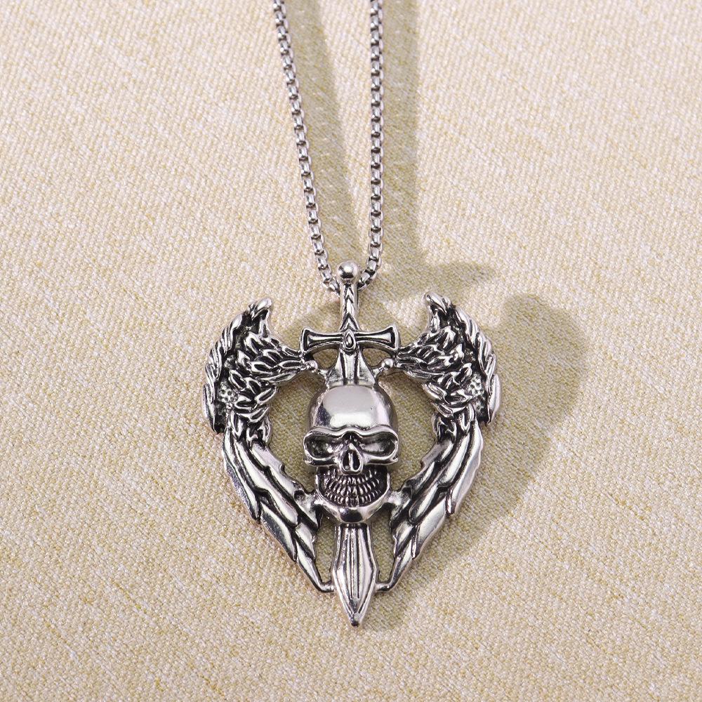 Retro Angel Skull Pendant Necklace - Punk Style Hip Hop Jewelry Angel Holy Sword Skull - Chain Length 50cm