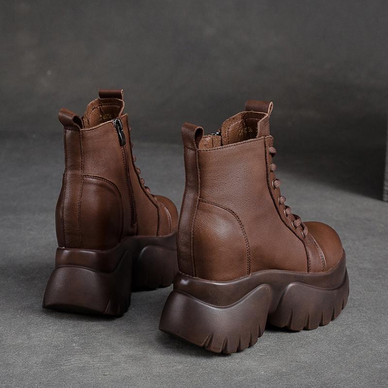 Johnature Pravá kůže Silná podrážka Dámské Kozačky Retro Kulatá špička Boční Zip Klínky Boty na platformě