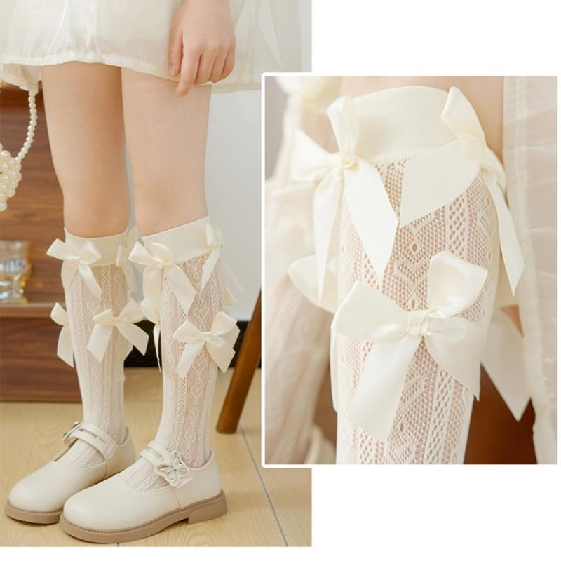 Lovely Girls Knee Length Socks for Youth, Sweet Bowknot Charm Middle Tube Socks for Stage Performances and Parties