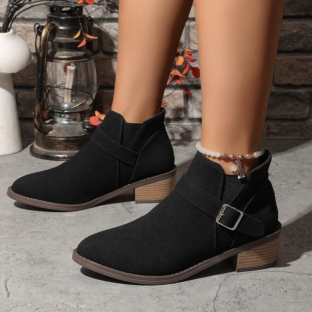 Foreign Trade Large Size Solid Color Medium Heel Short Boots Women's 2025 Autumn and Winter New British Style Elastic Belt Martin Boots Ankle