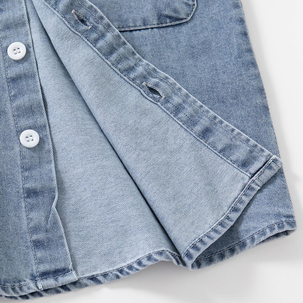 Boys Denim Shirt Long Sleeve Pocket Design Casual Button Down Collared Autumn Fashion Top Clothing for Toddler and Kids