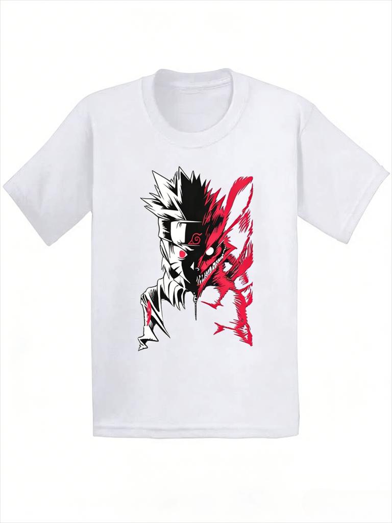 Naruto Neunschwänziger Geteilter Stil T-Shirt für Herren mit Anime-Muster Aufdruck Kurzarm Mode Hohe Qualität Trendiges Baumwoll Oberteil